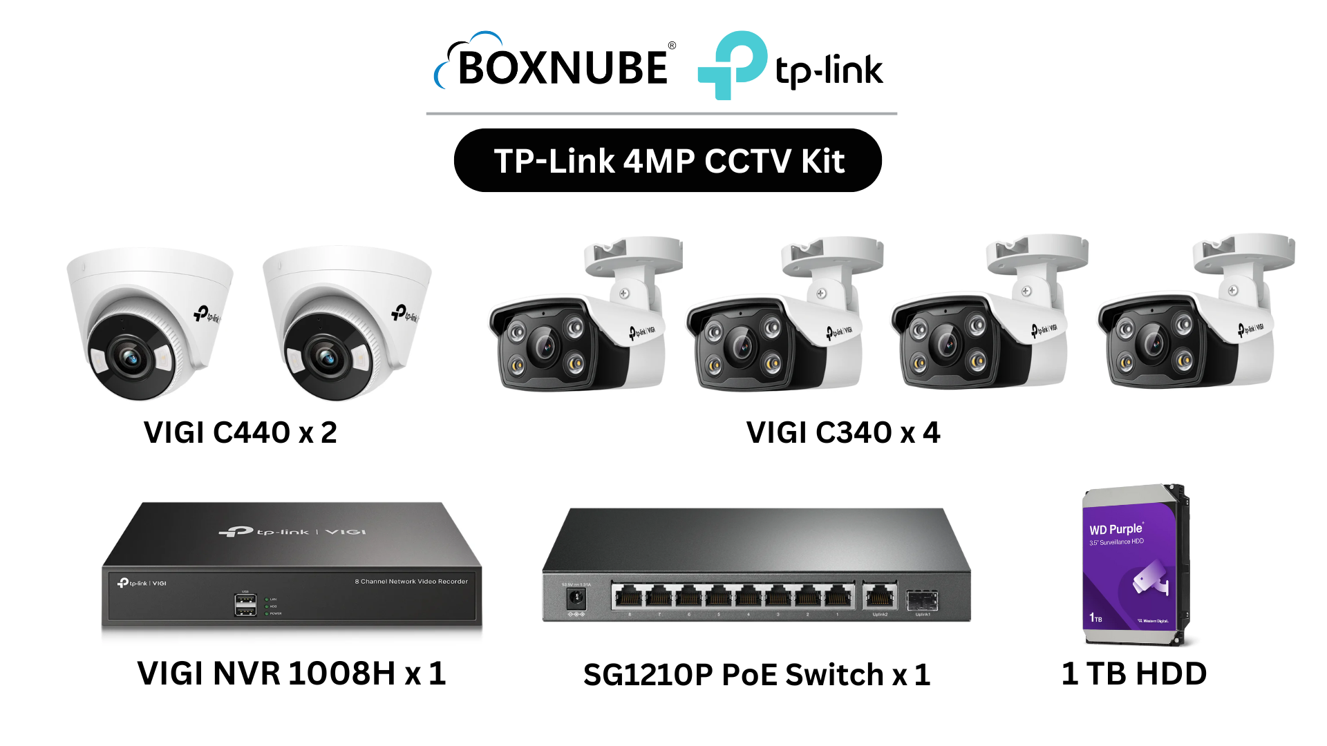 TP-Link VIGI 4MP Full HD 2-Way Audio 6 Camera Kit Bundle | 4 x VIGI C340 Bullet, 2 x VIGI C440 Turret, 8 Channel NVR, 8 Port PoE Gigabit Switch TP-Link VIGI 4MP Full HD 2-Way Audio 6 Camera Kit Bundle | 4 x VIGI C340 Bullet, 2 x VIGI C440 Turret, 8 Channel NVR, 8 Port PoE Gigabit Switch